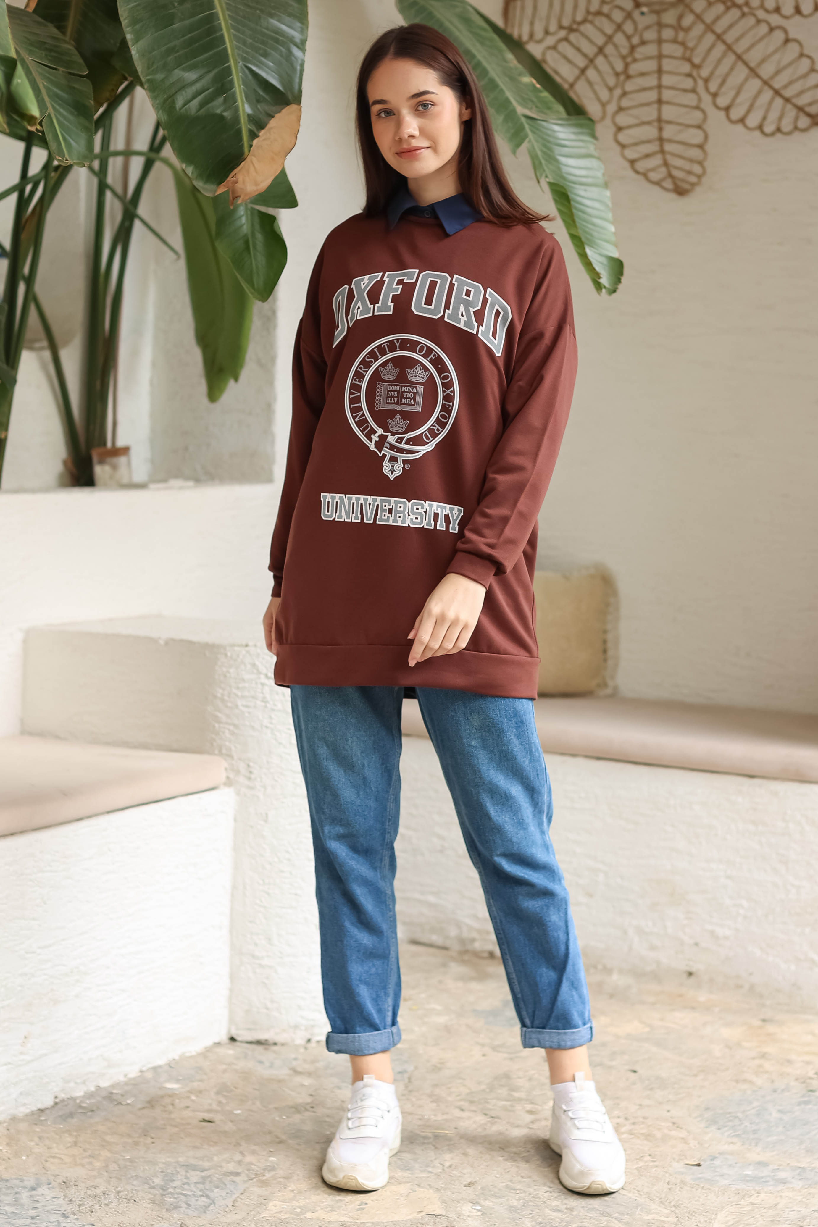 Düz Bisiklet Yaka Kadın Kahve Baskılı Sweatshirt - 13281 - 3