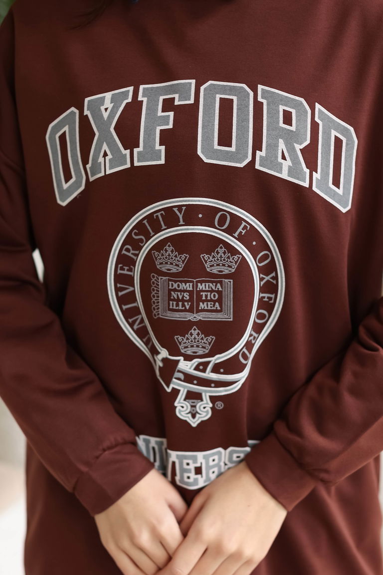 Düz Bisiklet Yaka Kadın Kahve Baskılı Sweatshirt - 13281 - TOFİSA