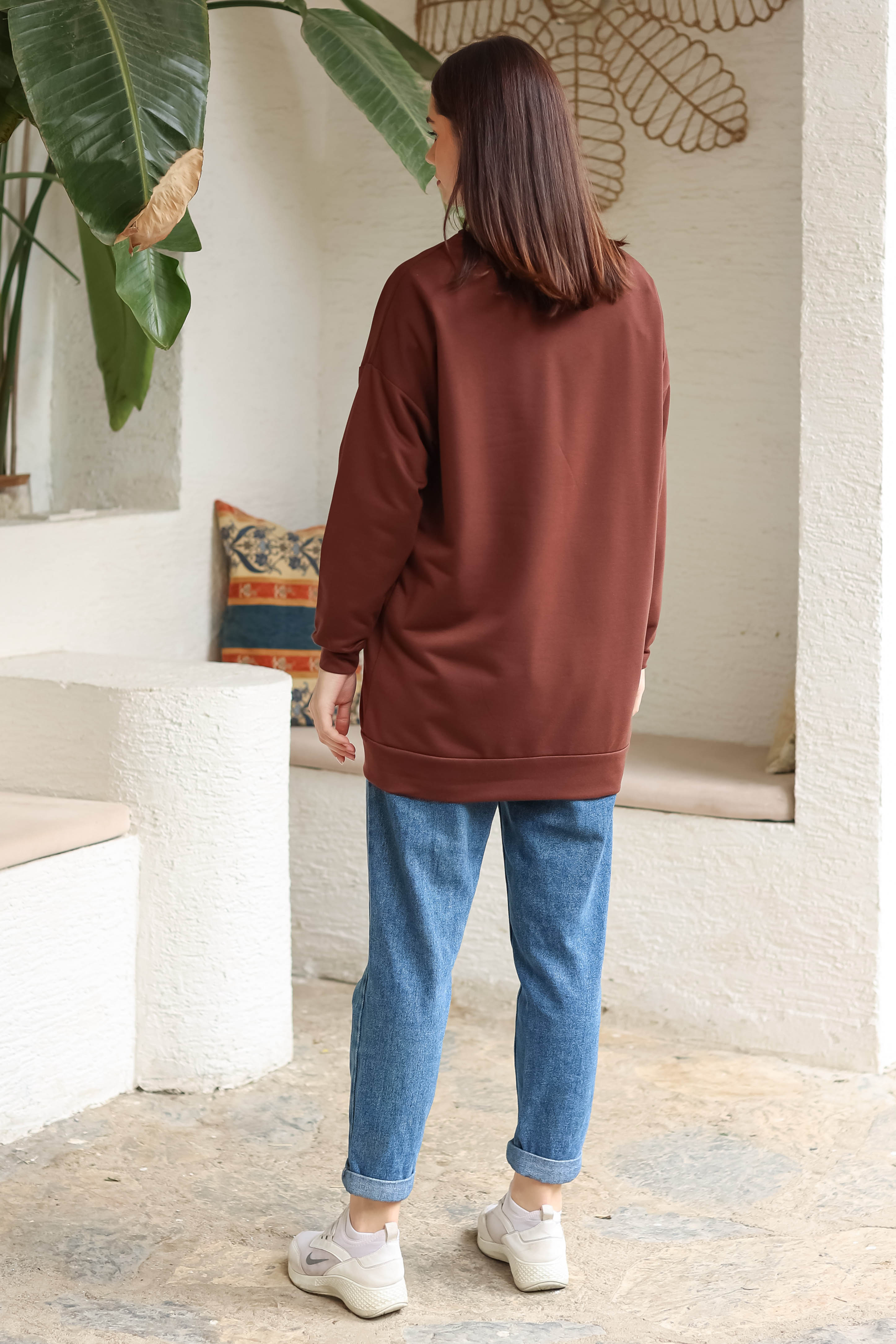 Düz Bisiklet Yaka Kadın Kahve Baskılı Sweatshirt - 13281 - 5