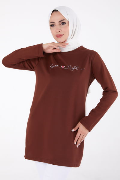 Baskılı Sweatshirt Kahve - 13328 