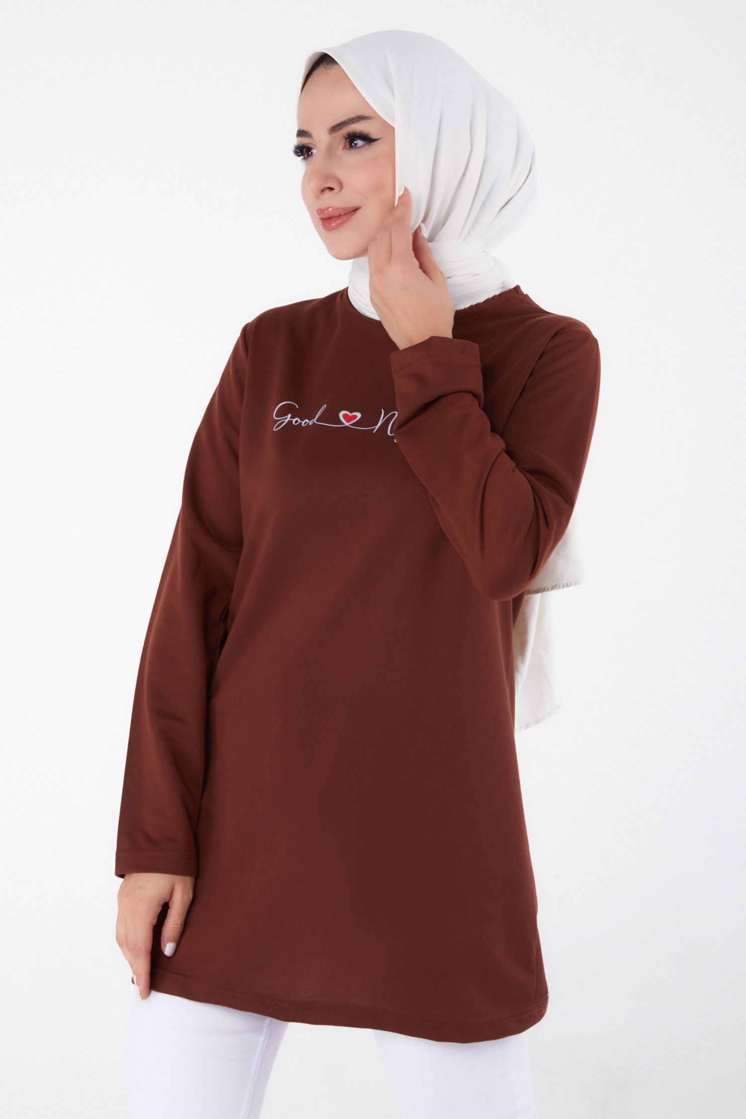 Baskılı Sweatshirt Kahve - 13328 - 3