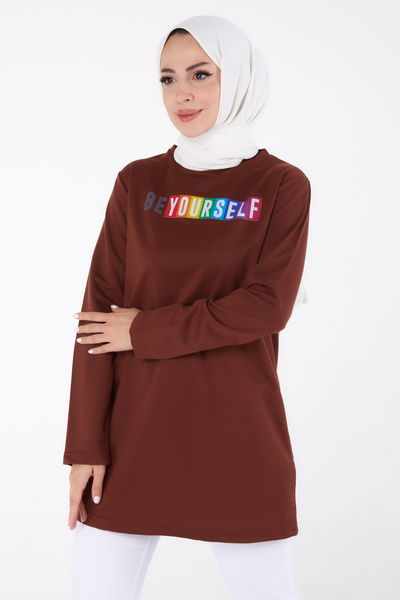 Baskılı Sweatshirt Kahve - 13331 