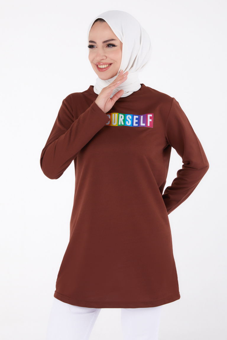 Baskılı Sweatshirt Kahve - 13331 - TOFİSA
