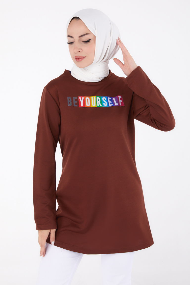 Baskılı Sweatshirt Kahve - 13331 - TOFİSA