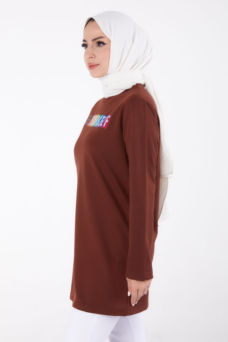 Baskılı Sweatshirt Kahve - 13331 - TOFİSA