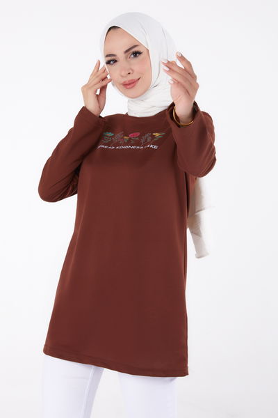 Düz Bisiklet Yaka Kadın Kahve Baskılı Sweatshirt - 13332 