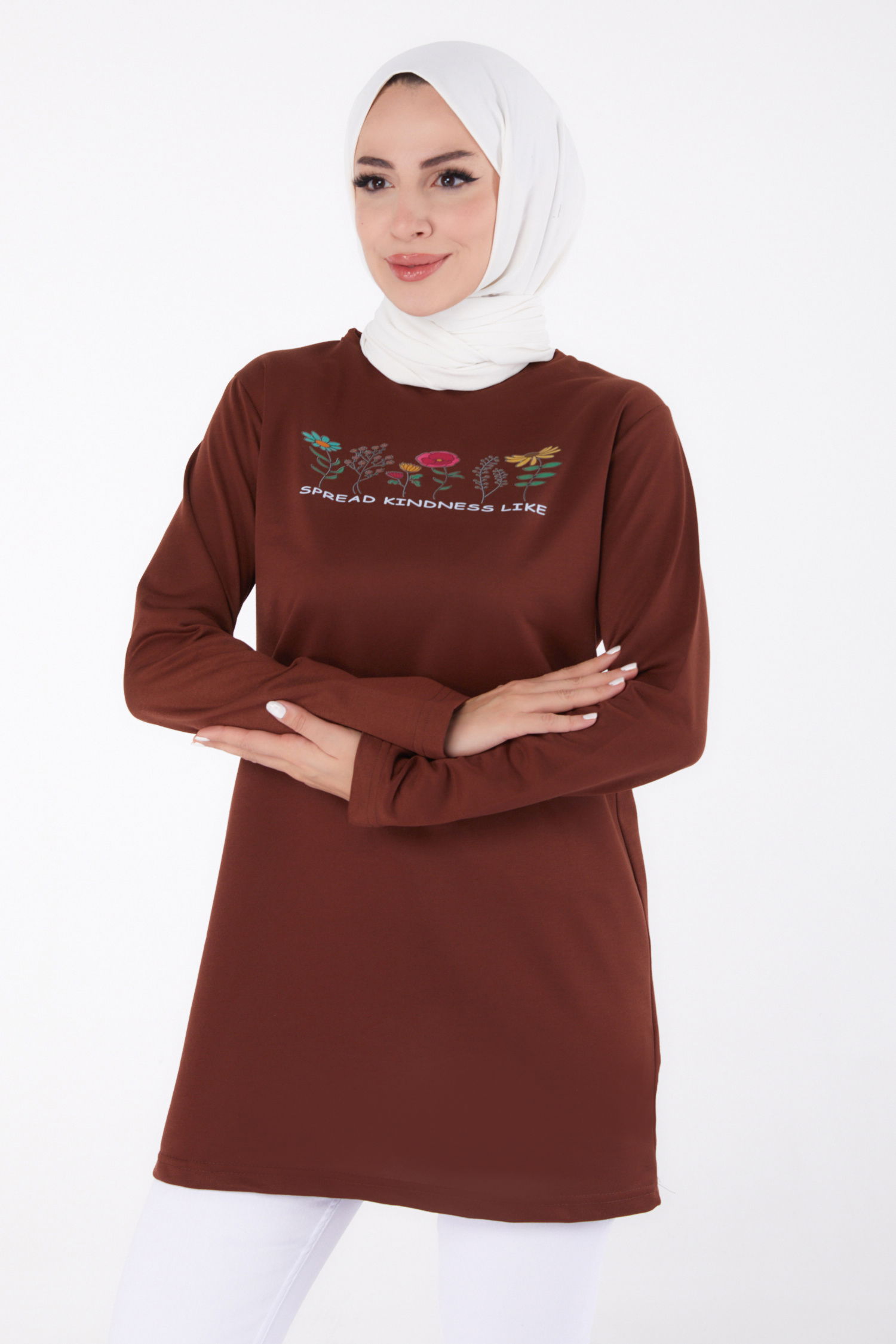 Düz Bisiklet Yaka Kadın Kahve Baskılı Sweatshirt - 13332 - 2