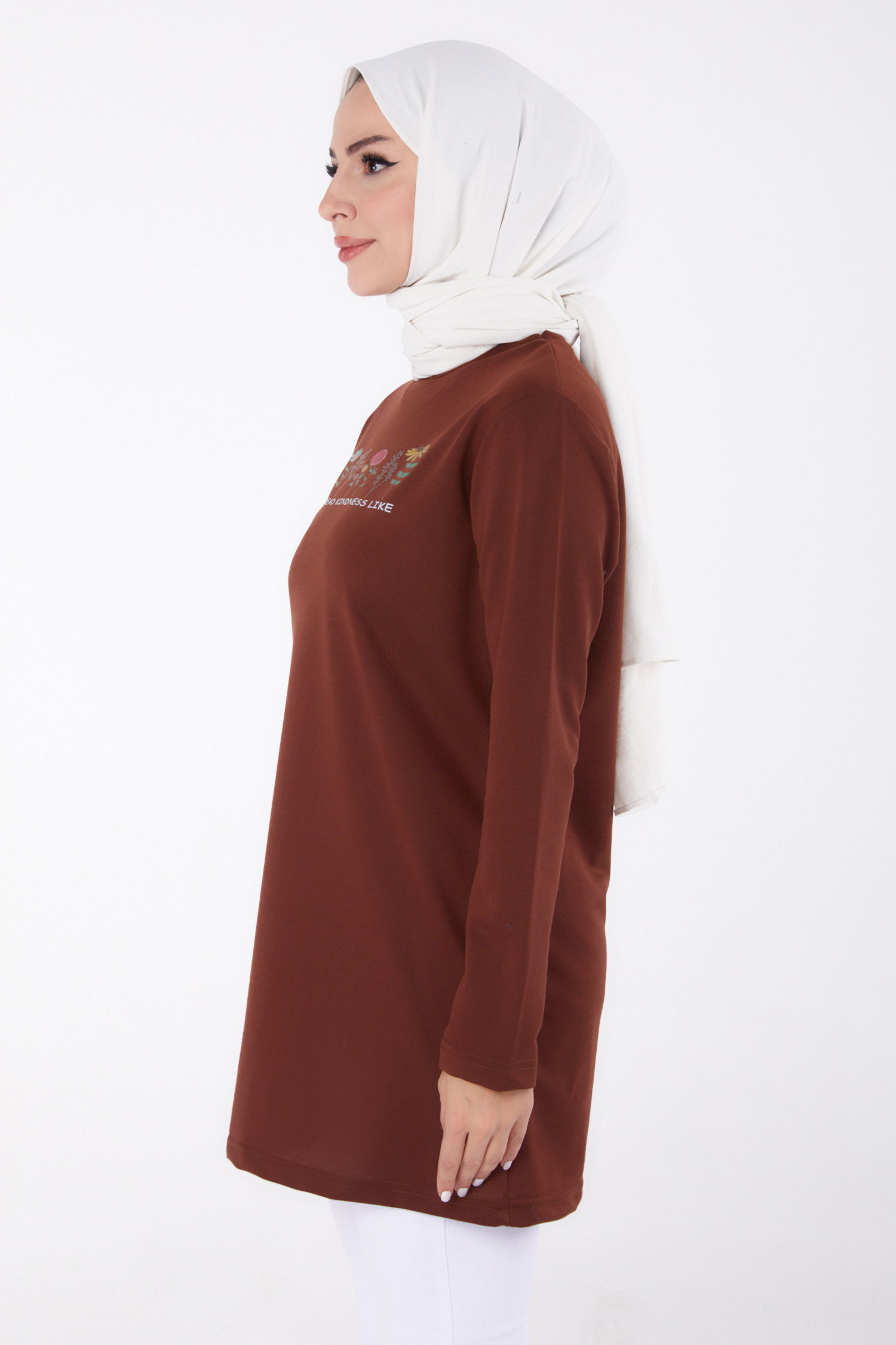 Düz Bisiklet Yaka Kadın Kahve Baskılı Sweatshirt - 13332 - 4