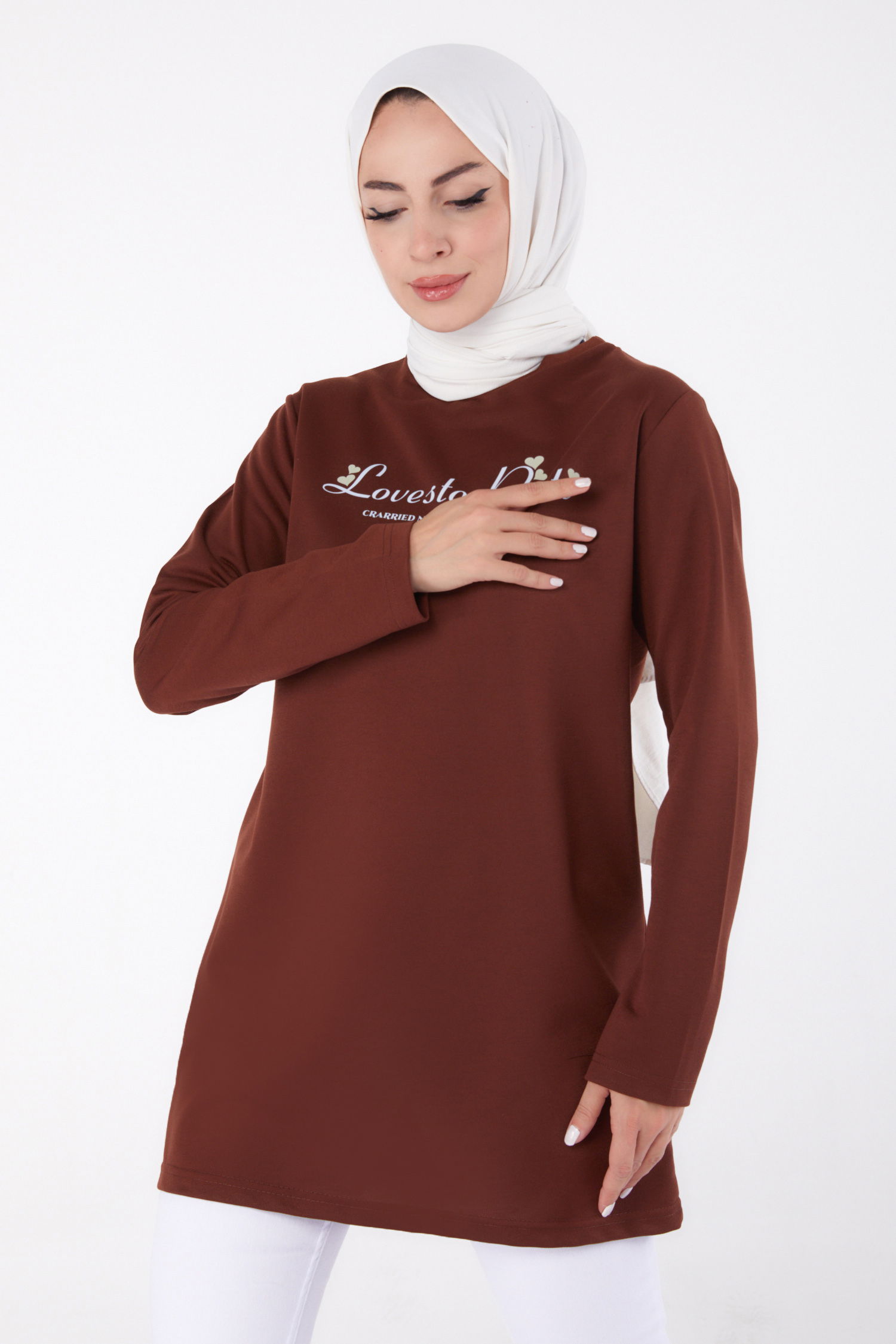 Baskılı Sweatshirt Kahve - 13335 - 1