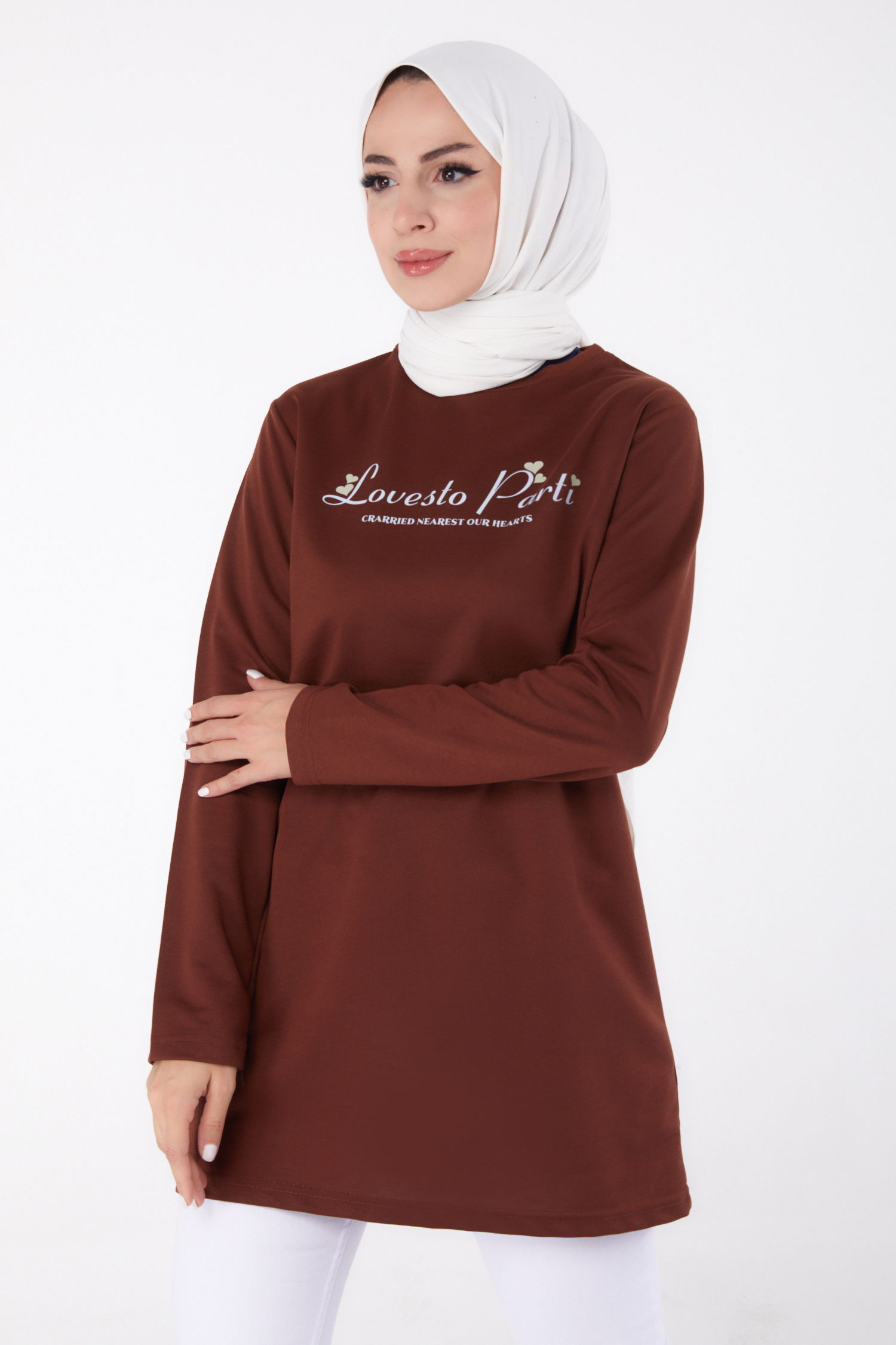 Baskılı Sweatshirt Kahve - 13335 - 2