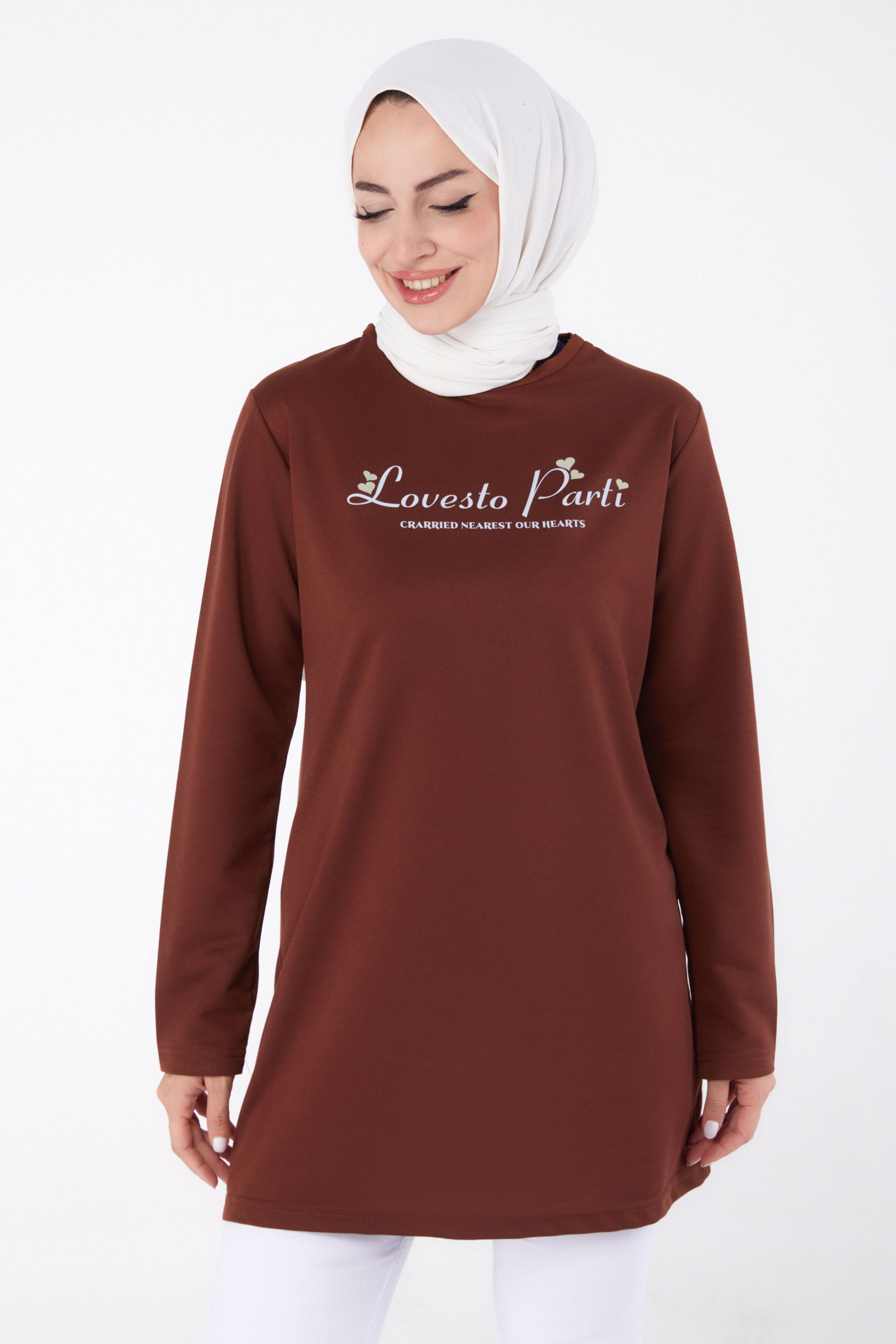 Baskılı Sweatshirt Kahve - 13335 - 3