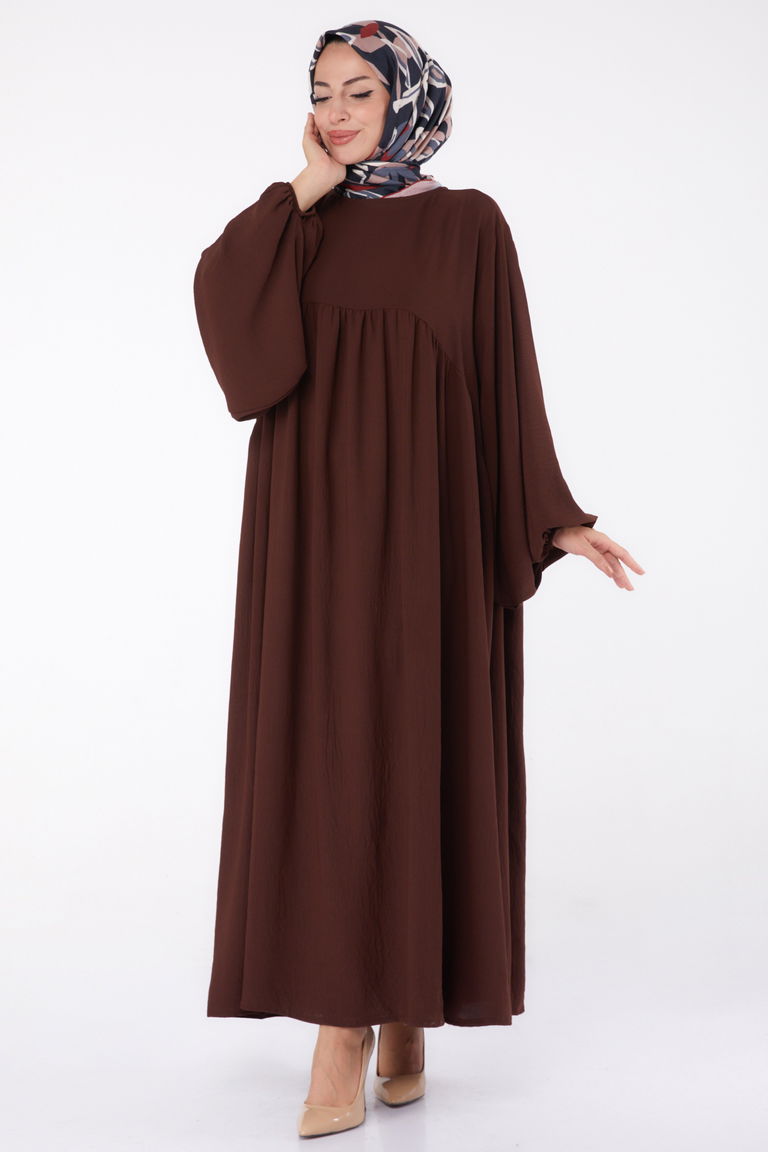 Düz Bisiklet Yaka Kadın Kahve Büzgülü Elbise - 13312 - TOFİSA