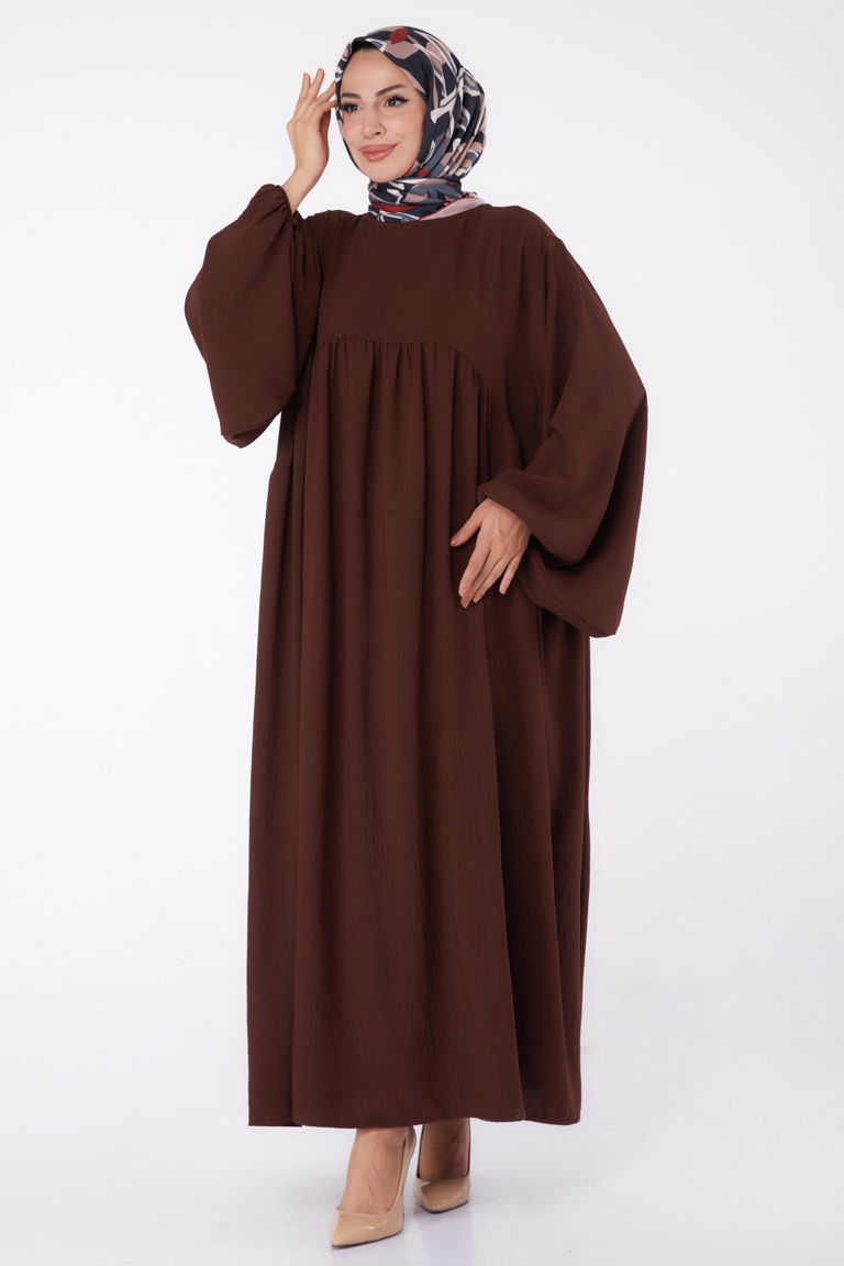 Düz Bisiklet Yaka Kadın Kahve Büzgülü Elbise - 13312 - TOFİSA