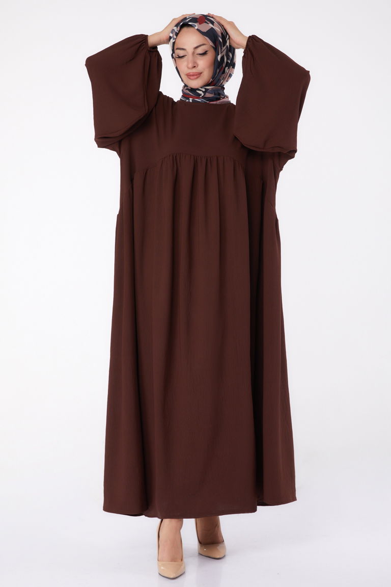 Düz Bisiklet Yaka Kadın Kahve Büzgülü Elbise - 13312 - TOFİSA