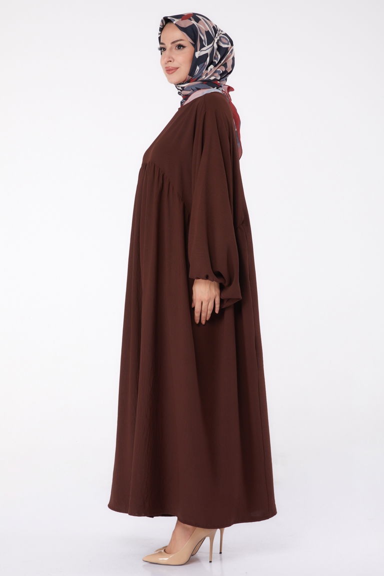 Düz Bisiklet Yaka Kadın Kahve Büzgülü Elbise - 13312 - TOFİSA