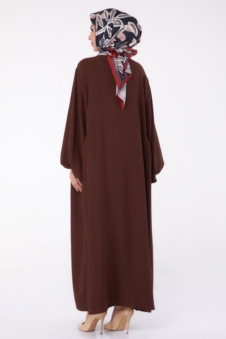 Düz Bisiklet Yaka Kadın Kahve Büzgülü Elbise - 13312 - TOFİSA