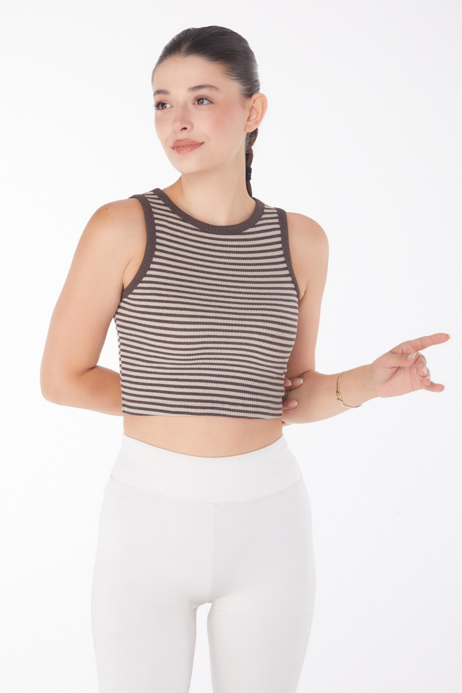 Düz Bisiklet Yaka Kadın Kahve Çizgili Crop - 25958 - 2
