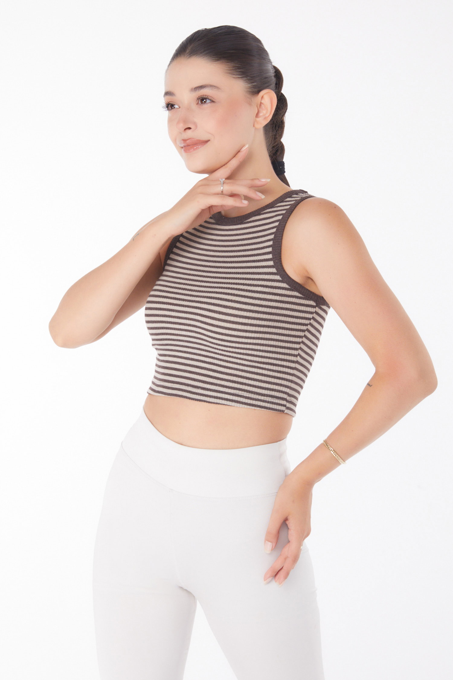 Düz Bisiklet Yaka Kadın Kahve Çizgili Crop - 25958 - 3