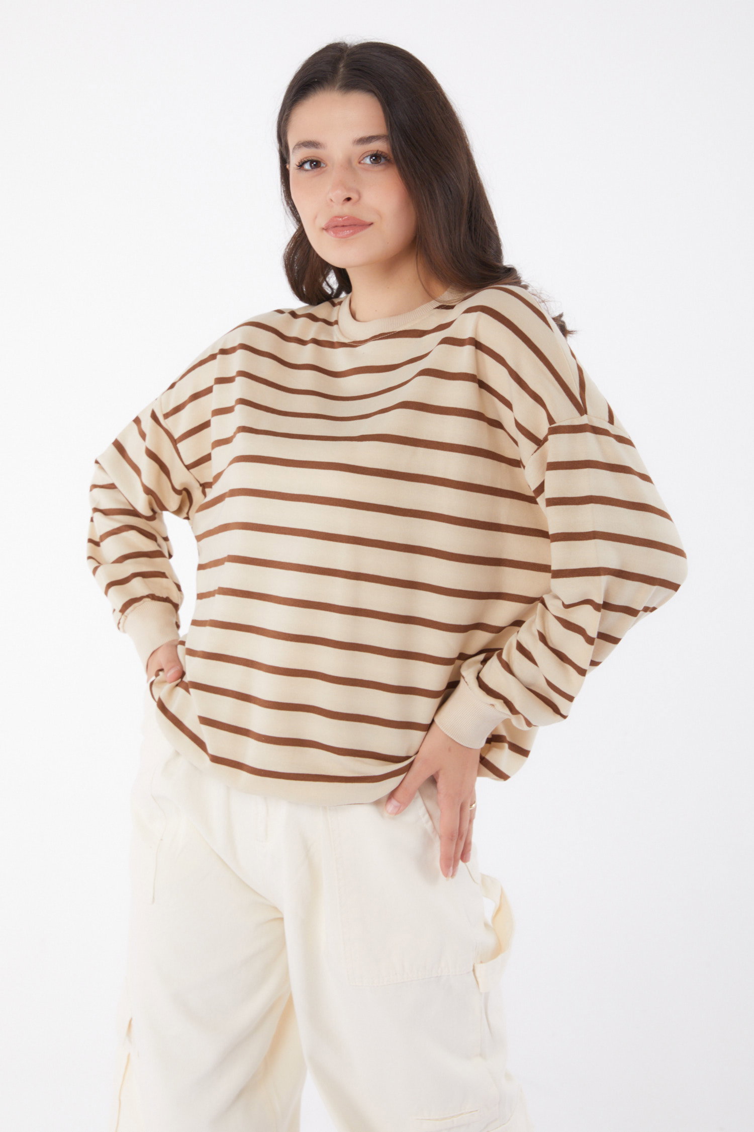 Düz Bisiklet Yaka Kadın Kahve Çizgili Sweatshirt - 26048 - 3
