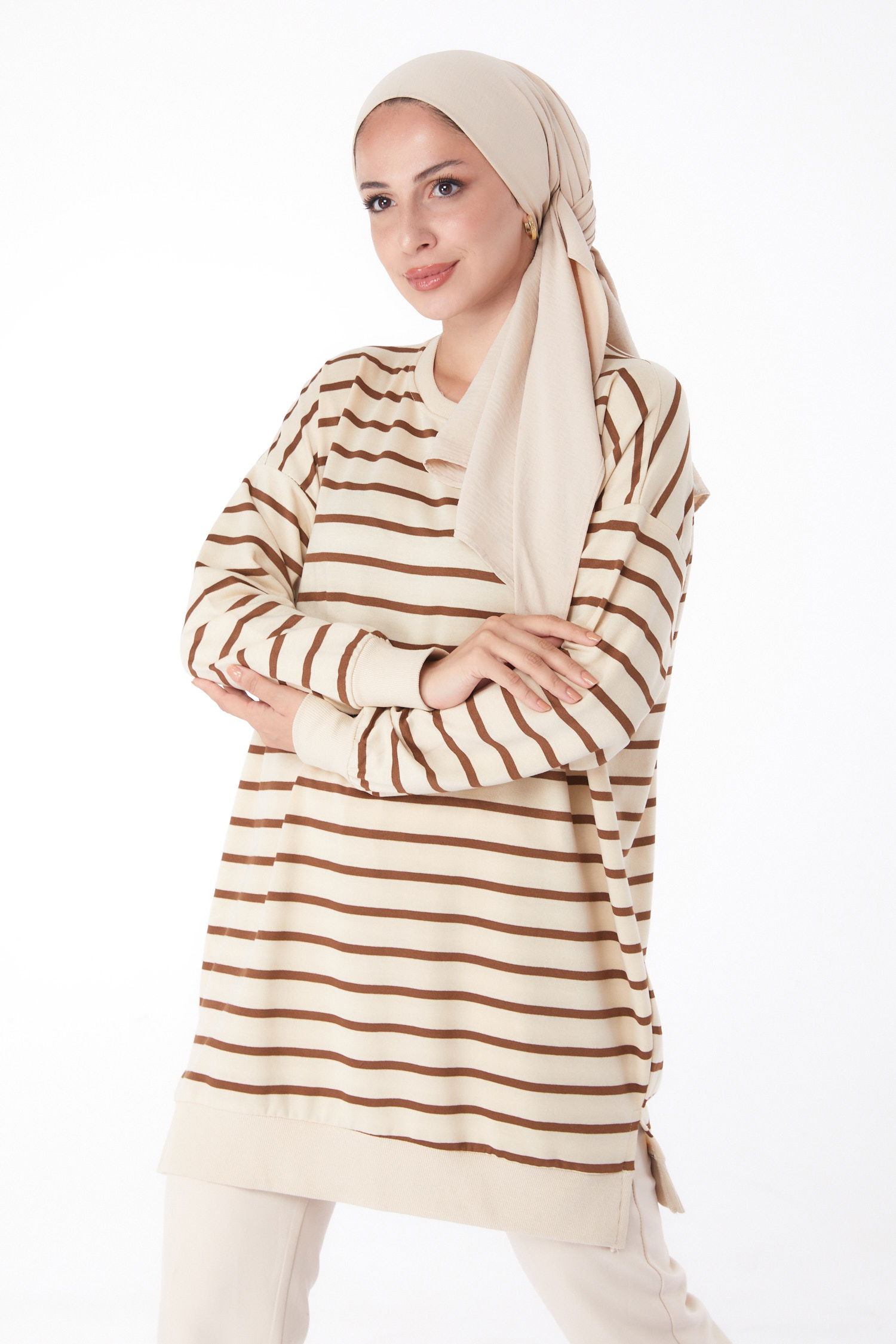 Çizgili Sweatshirt Kahve - 26137 - 1