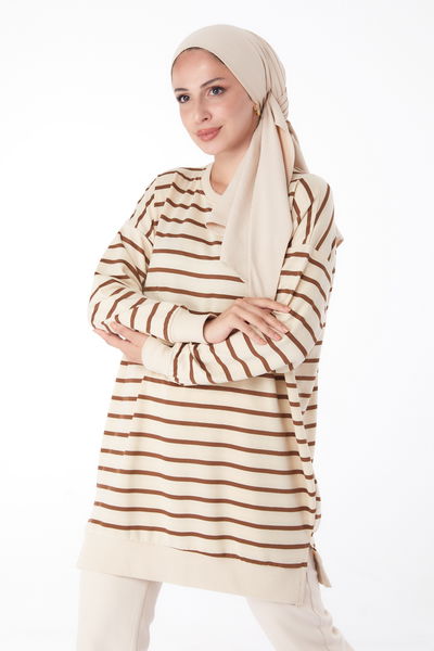 Çizgili Sweatshirt Kahve - 26137 