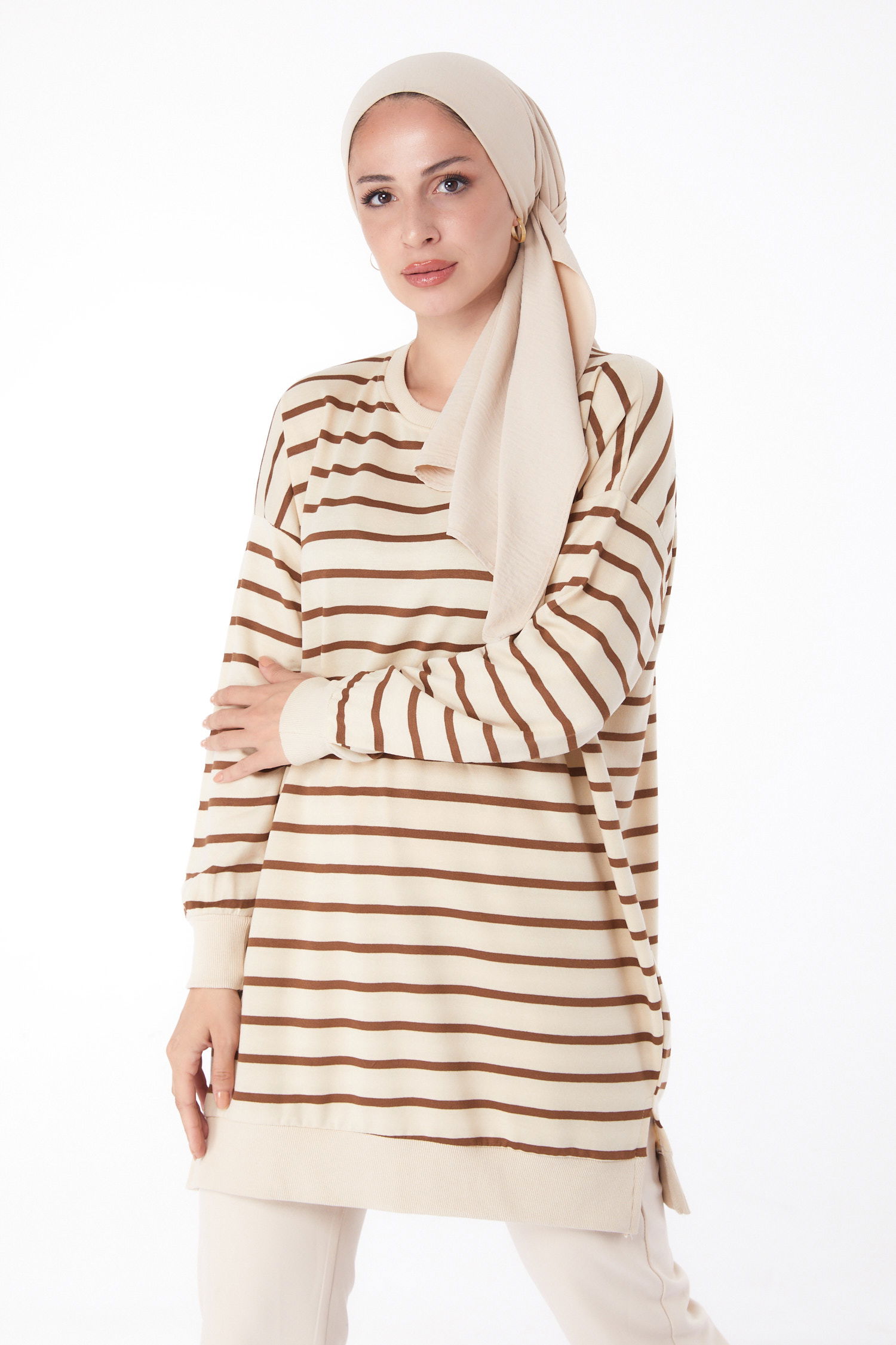 Çizgili Sweatshirt Kahve - 26137 - 2