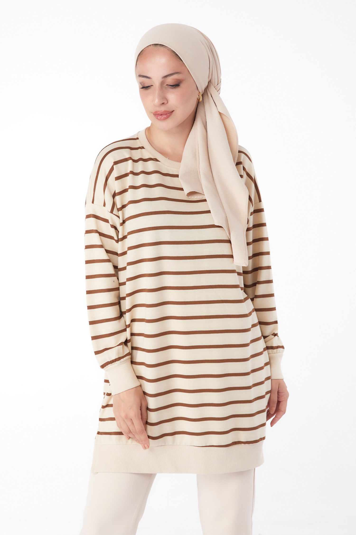 Çizgili Sweatshirt Kahve - 26137 - 3