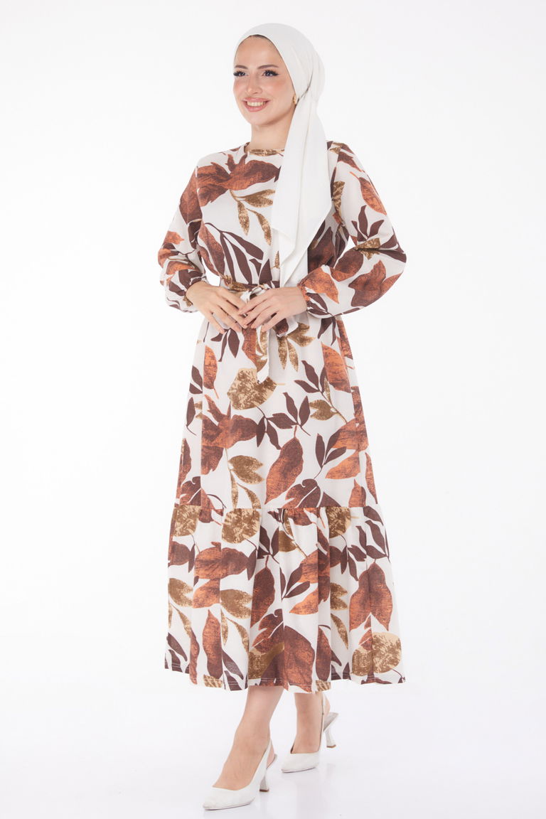 Düz Bisiklet Yaka Kadın Kahve Desenli Elbise - 13239 - TOFİSA