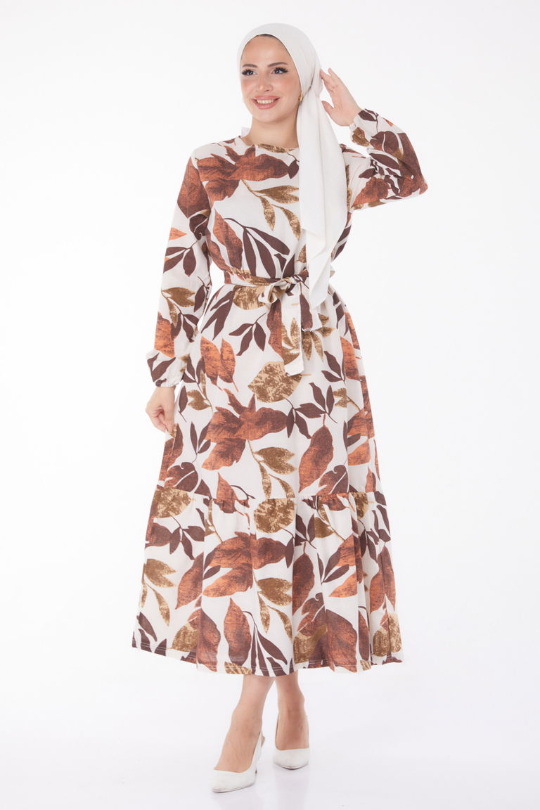 Düz Bisiklet Yaka Kadın Kahve Desenli Elbise - 13239 - TOFİSA