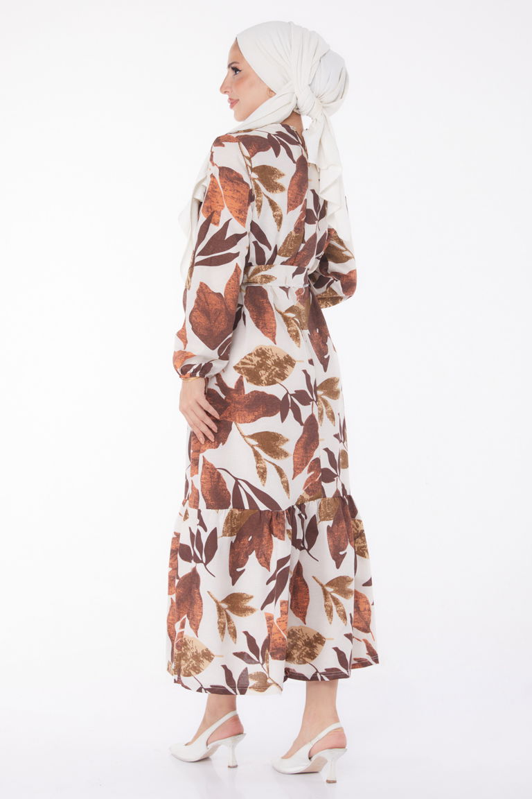 Düz Bisiklet Yaka Kadın Kahve Desenli Elbise - 13239 - TOFİSA