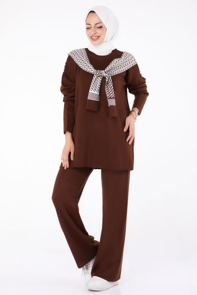 Desenli Triko Takım Kahve - 26299 