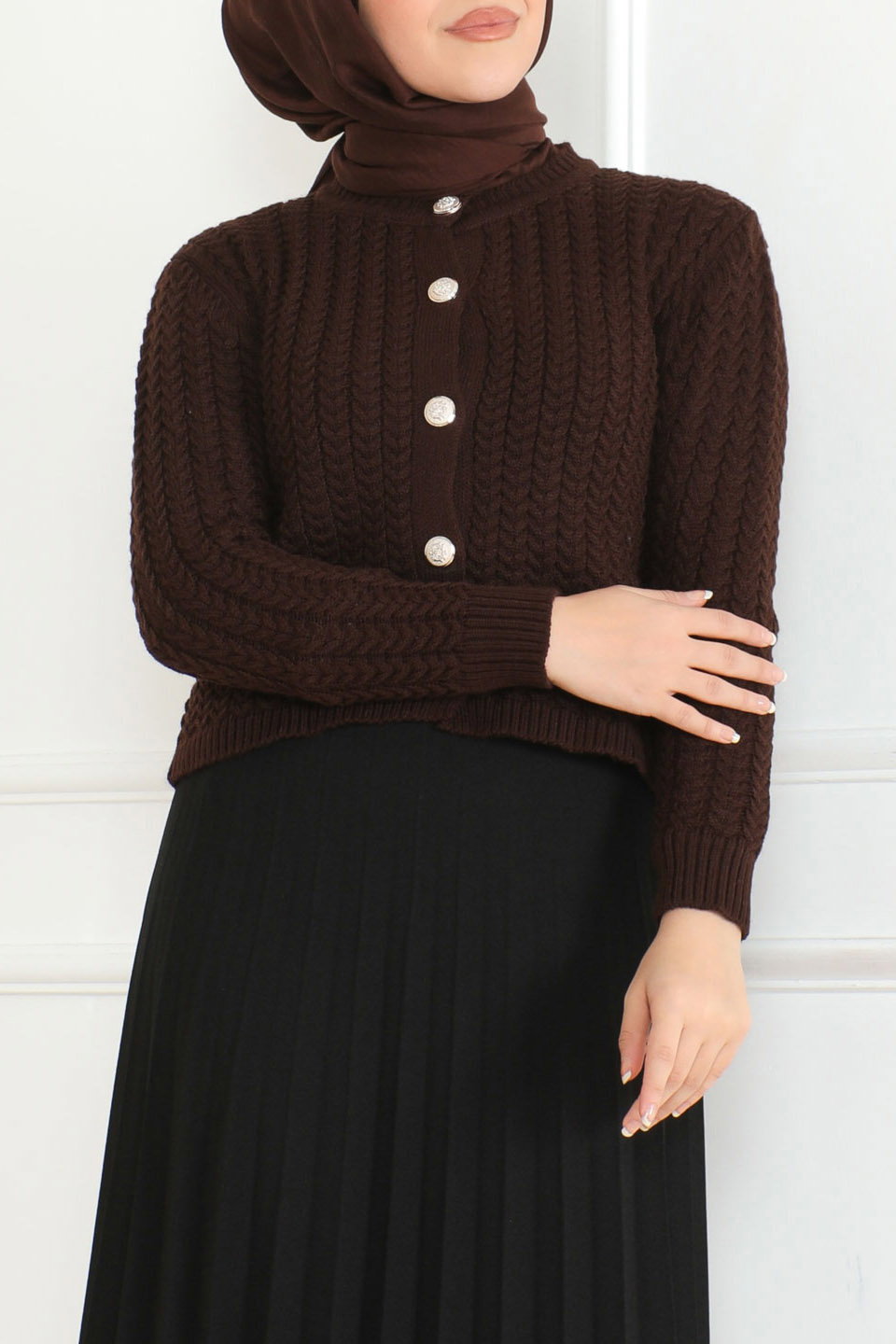 Düz Bisiklet Yaka Kadın Kahve Düğmeli Triko Ceket - 26643 - 1