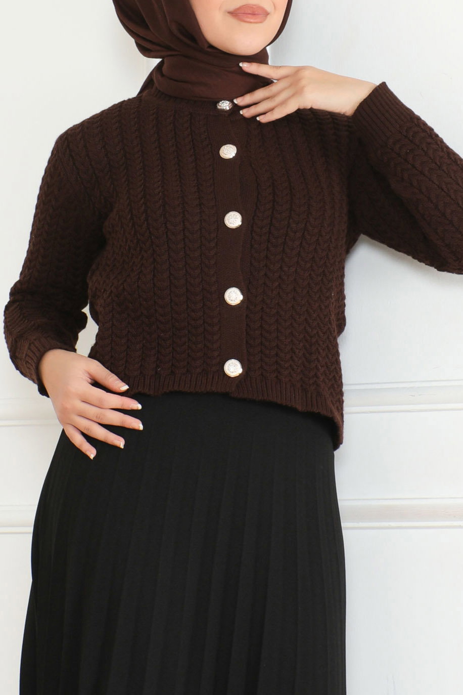 Düz Bisiklet Yaka Kadın Kahve Düğmeli Triko Ceket - 26643 - 2