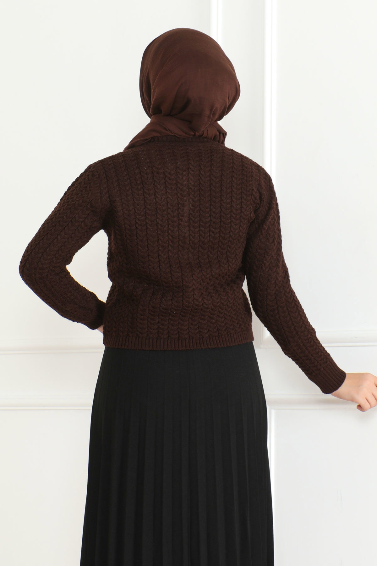 Düz Bisiklet Yaka Kadın Kahve Düğmeli Triko Ceket - 26643 - 3