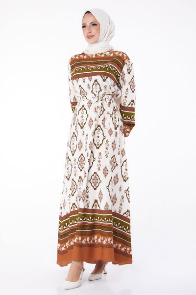 Etnik Desenli Elbise Kahve - 26225 
