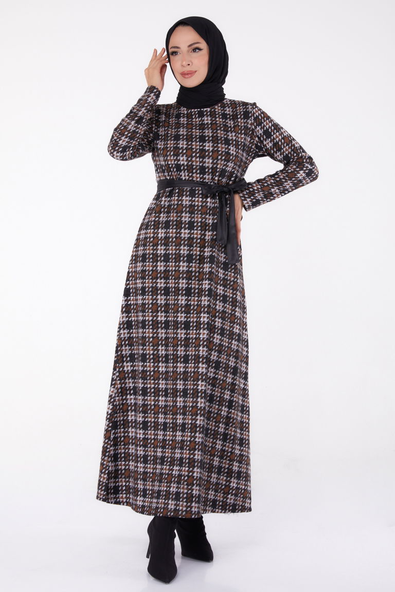 Kuşaklı Elbise Kahve - 13324 - TOFİSA