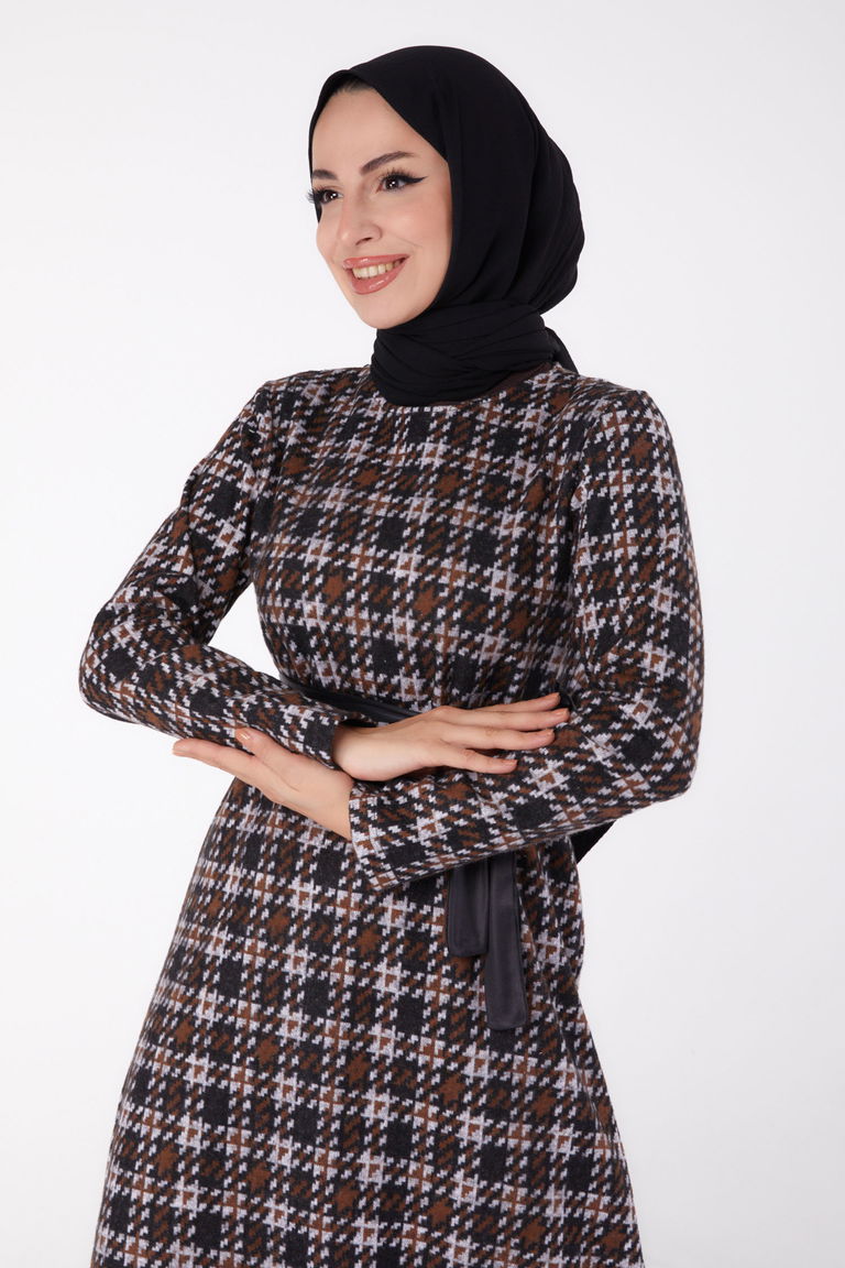 Kuşaklı Elbise Kahve - 13324 - TOFİSA