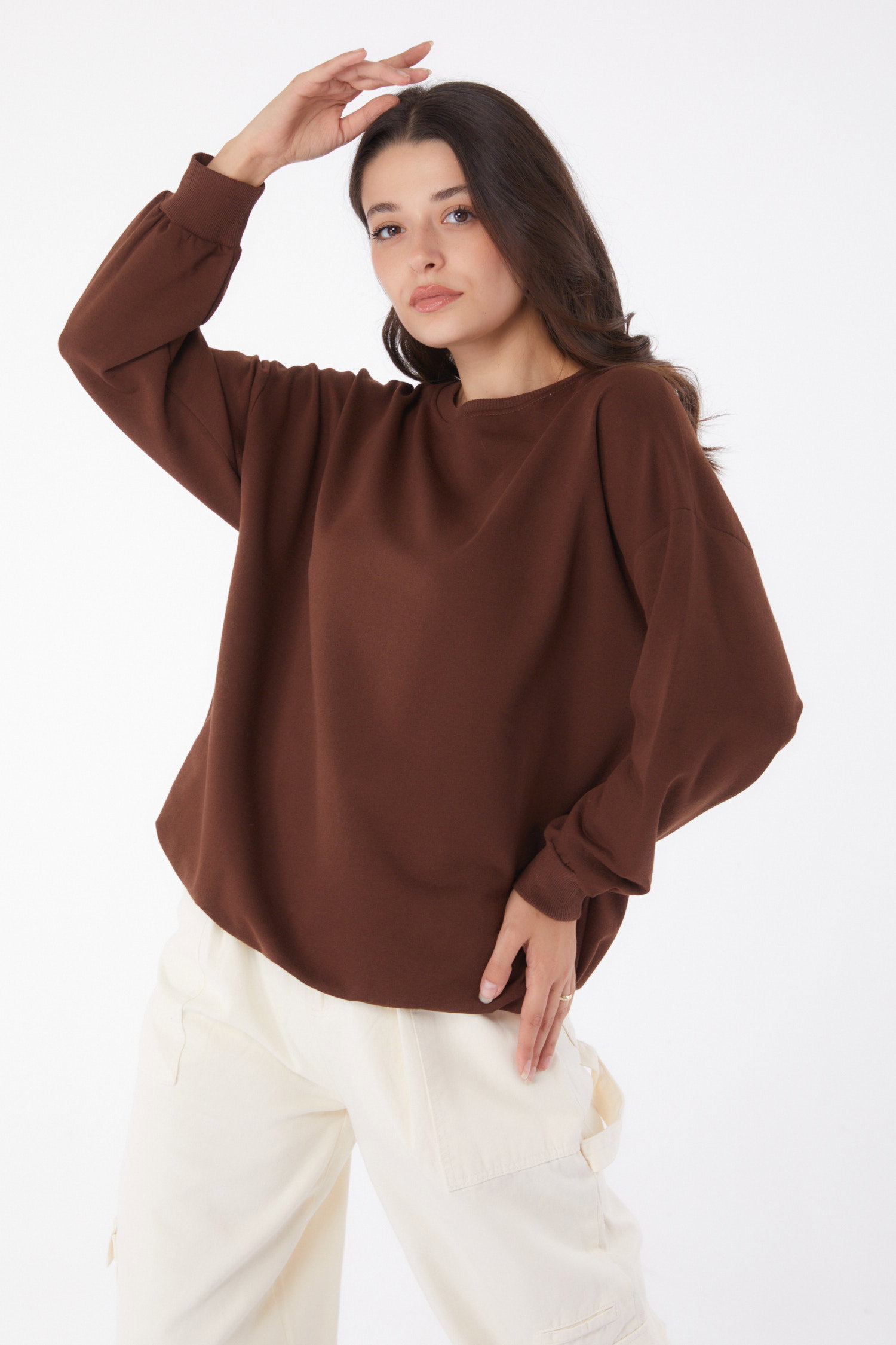 Düz Bisiklet Yaka Kadın Kahve Manşetli Sweatshirt - 26046 - 3