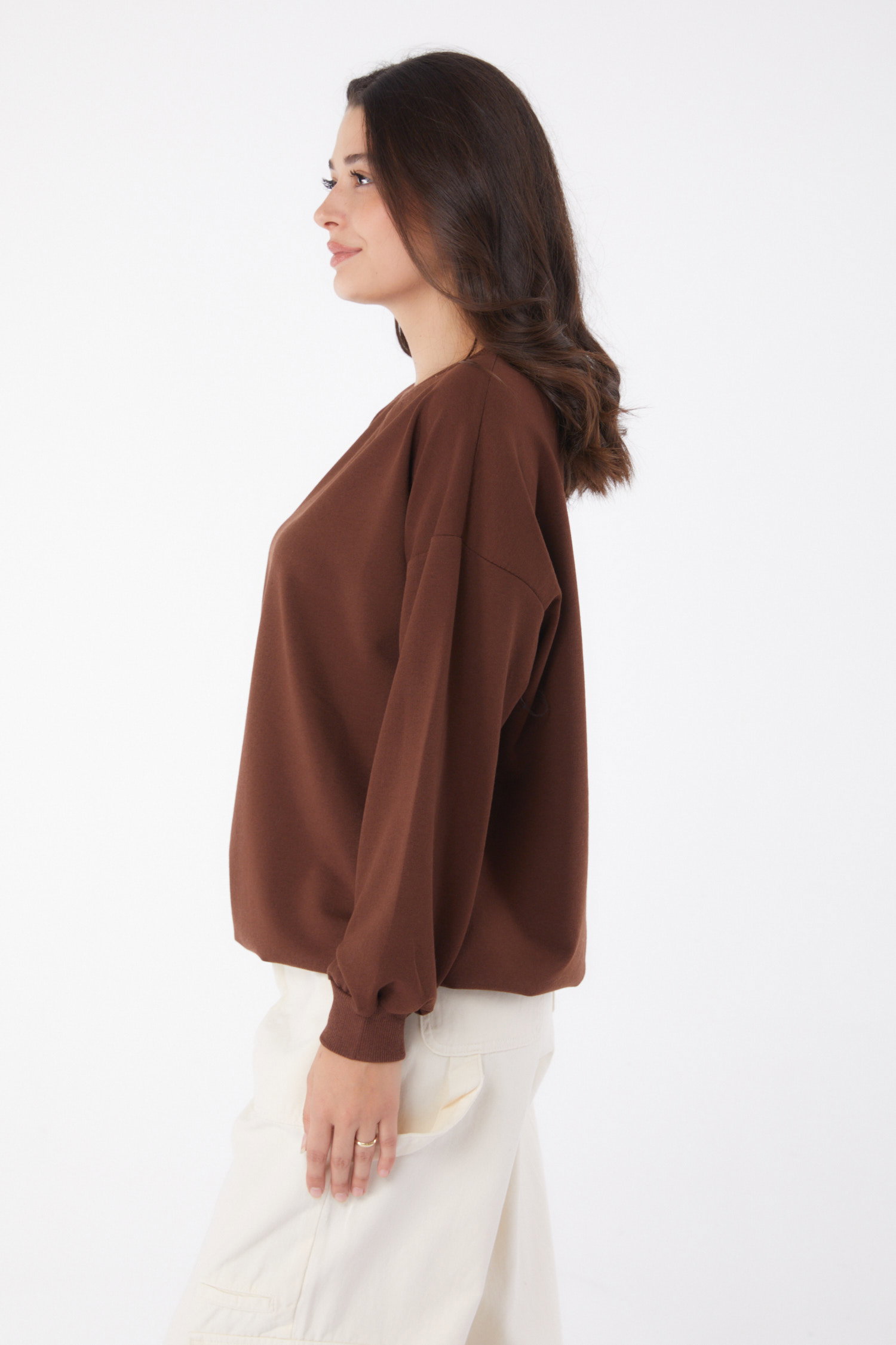 Düz Bisiklet Yaka Kadın Kahve Manşetli Sweatshirt - 26046 - 4