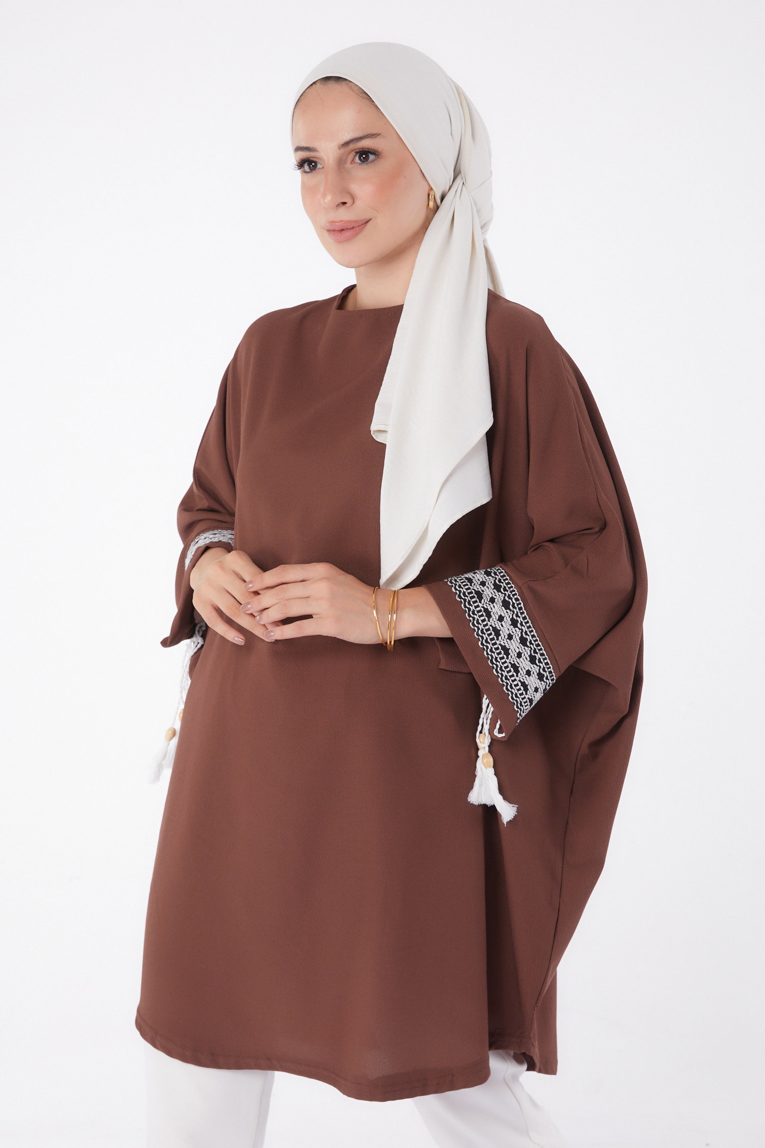 Püsküllü Yarasa Kollu Tunik Kahve - 13256 - 1