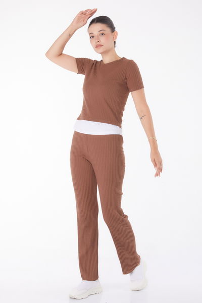 Düz Bisiklet Yaka Kadın Kahve T-shirt Pantolon İkili Takım - 25952 