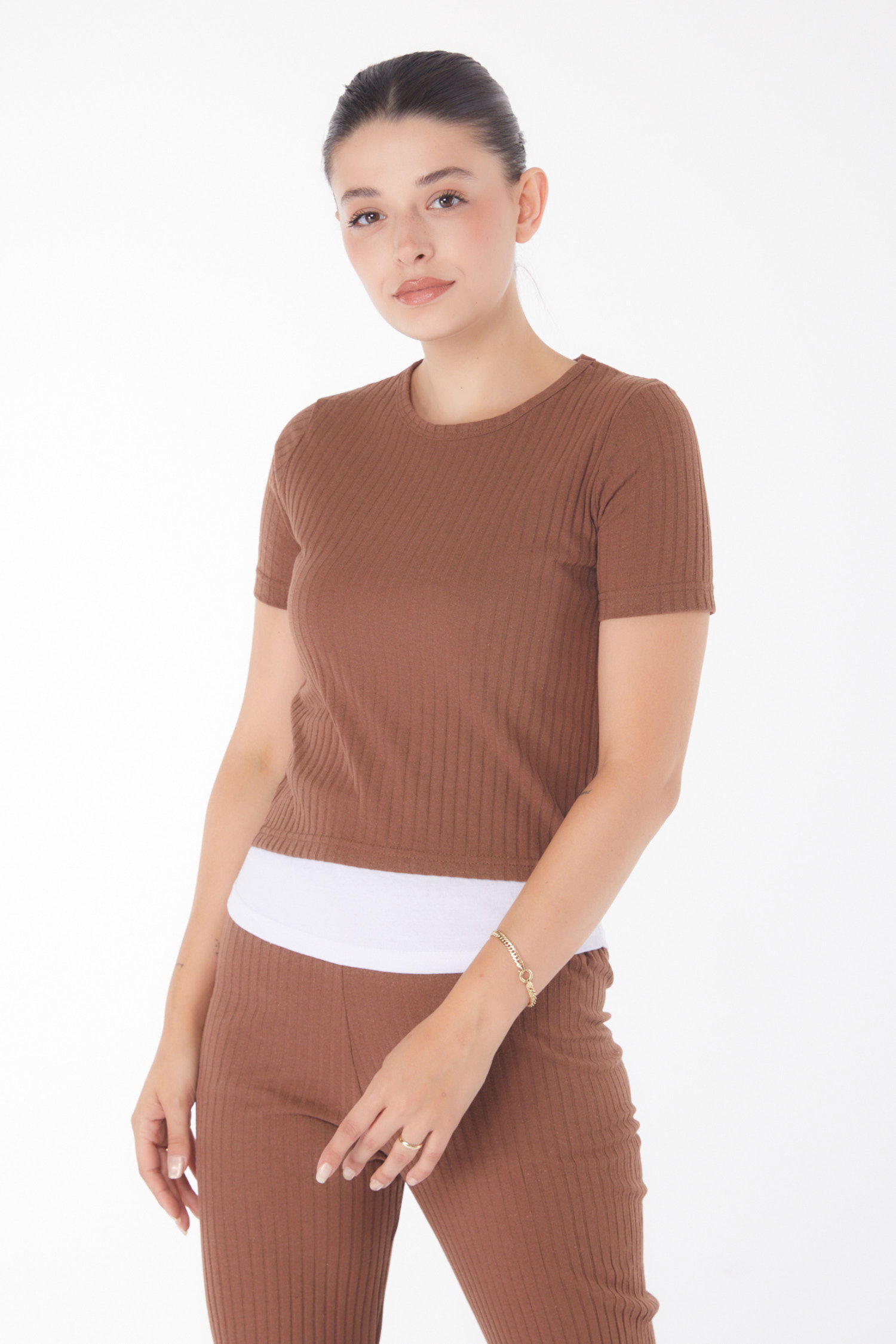 Düz Bisiklet Yaka Kadın Kahve T-shirt Pantolon İkili Takım - 25952 - 2