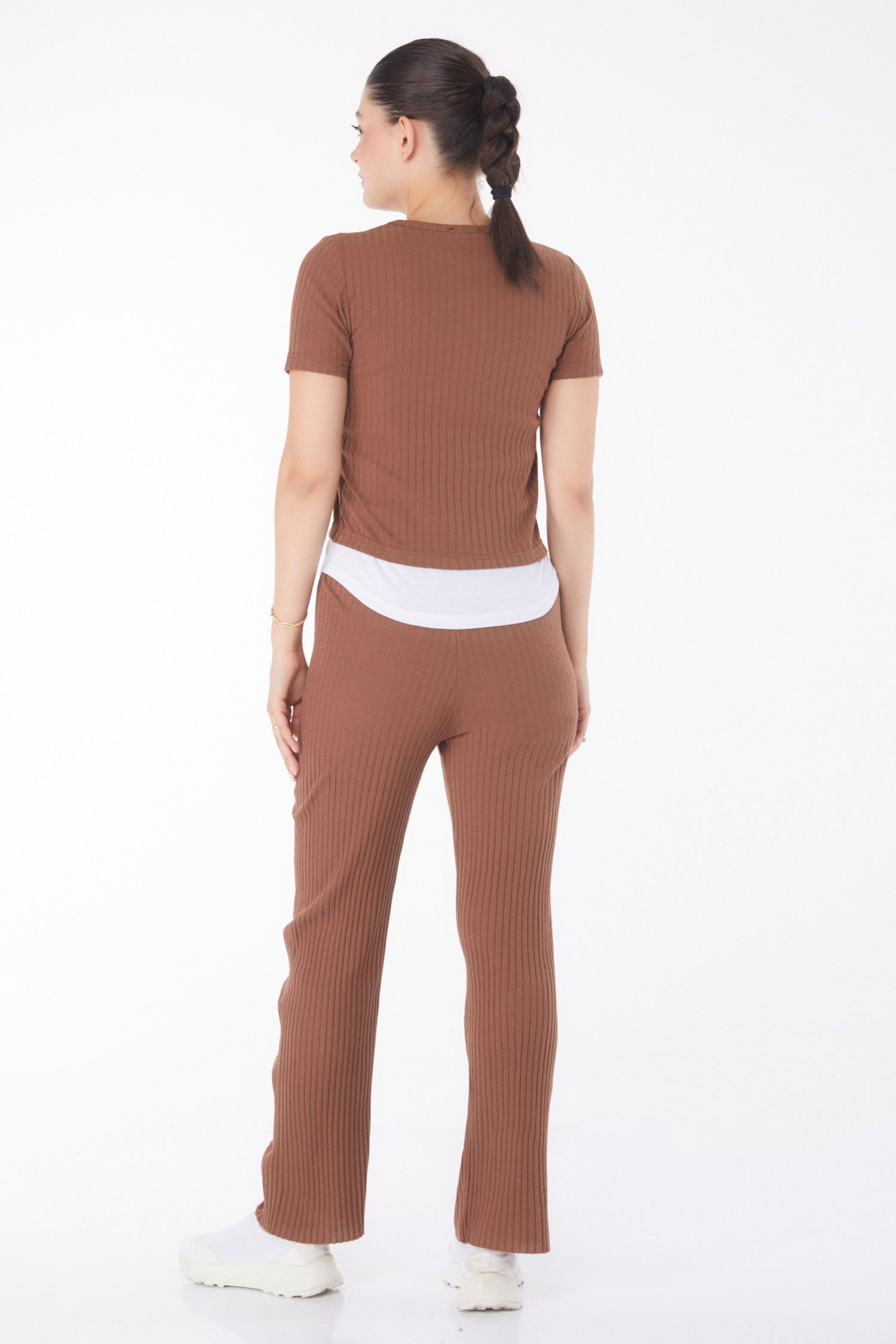 Düz Bisiklet Yaka Kadın Kahve T-shirt Pantolon İkili Takım - 25952 - 5