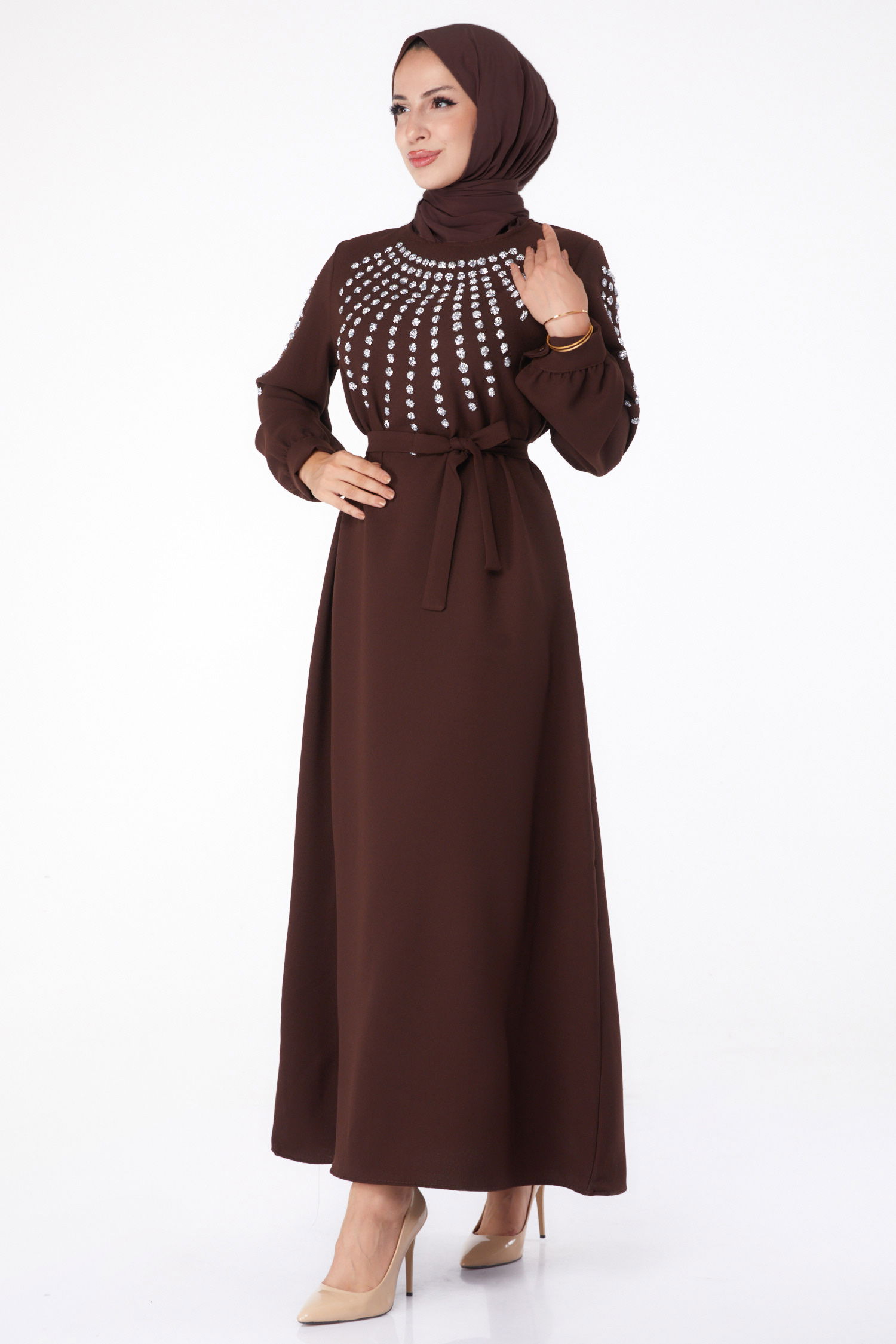 Taş Detaylı Elbise Kahve - 26282 - 1