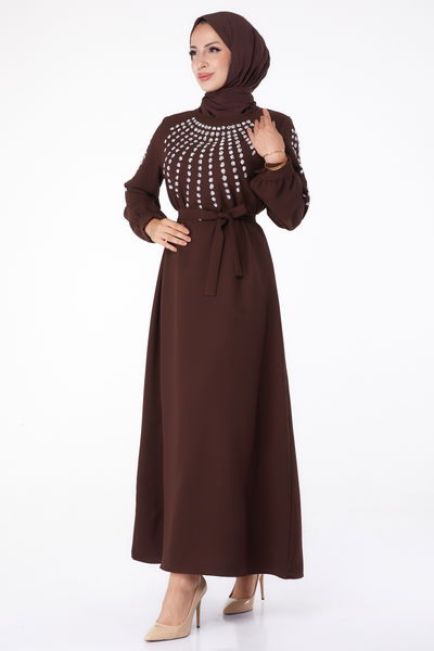 Taş Detaylı Elbise Kahve - 26282 