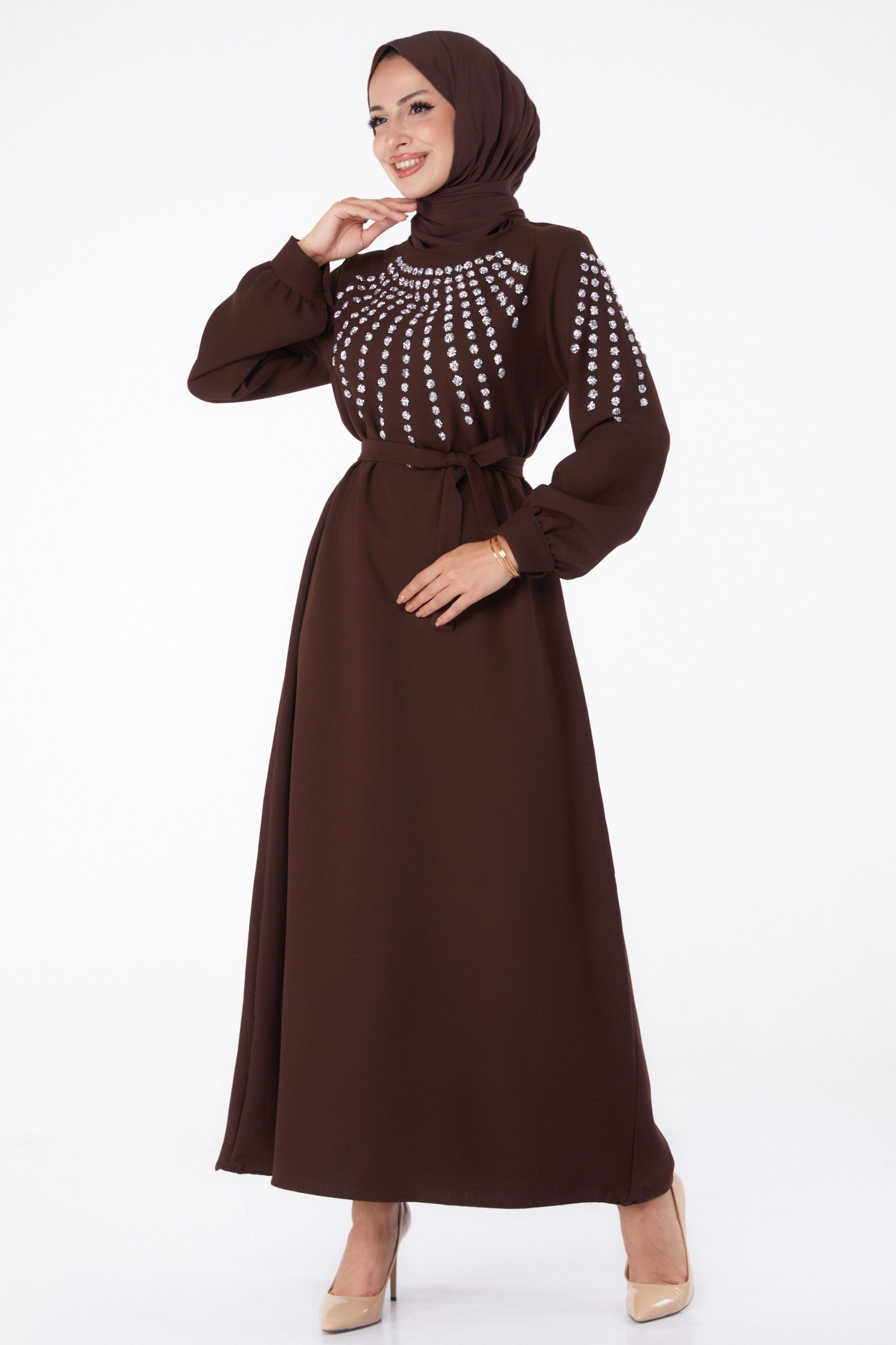 Taş Detaylı Elbise Kahve - 26282 - 2