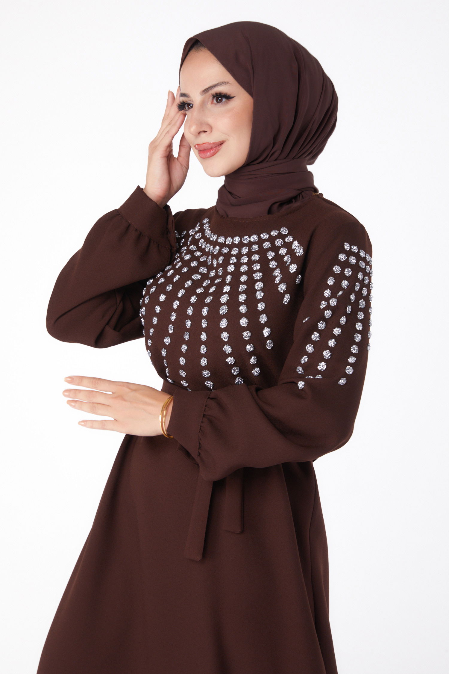 Taş Detaylı Elbise Kahve - 26282 - 3