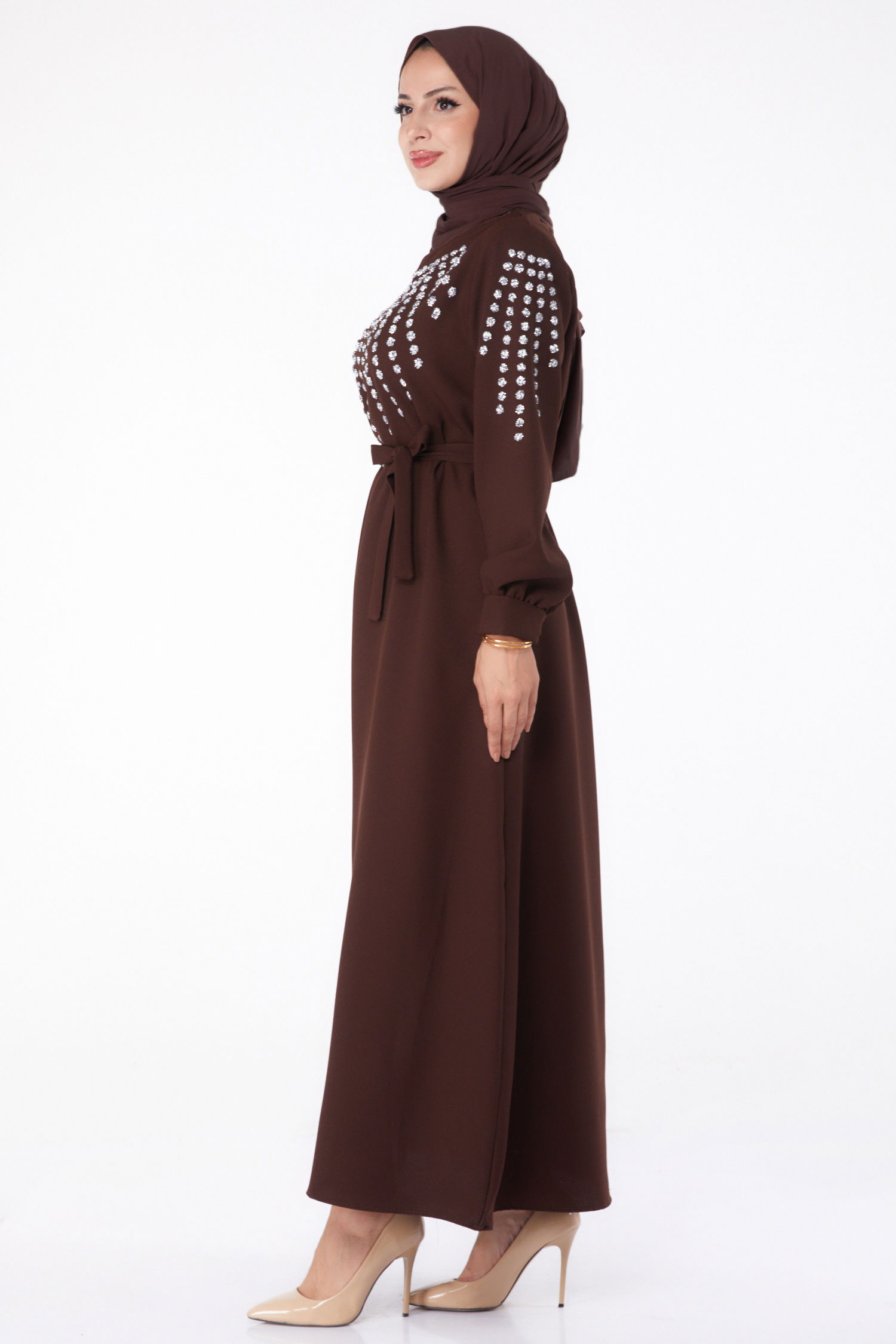 Taş Detaylı Elbise Kahve - 26282 - 4