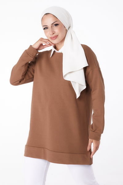 Düz Bisiklet Yaka Kadın Kahve Uzun Kollu Sweatshirt - 24653 