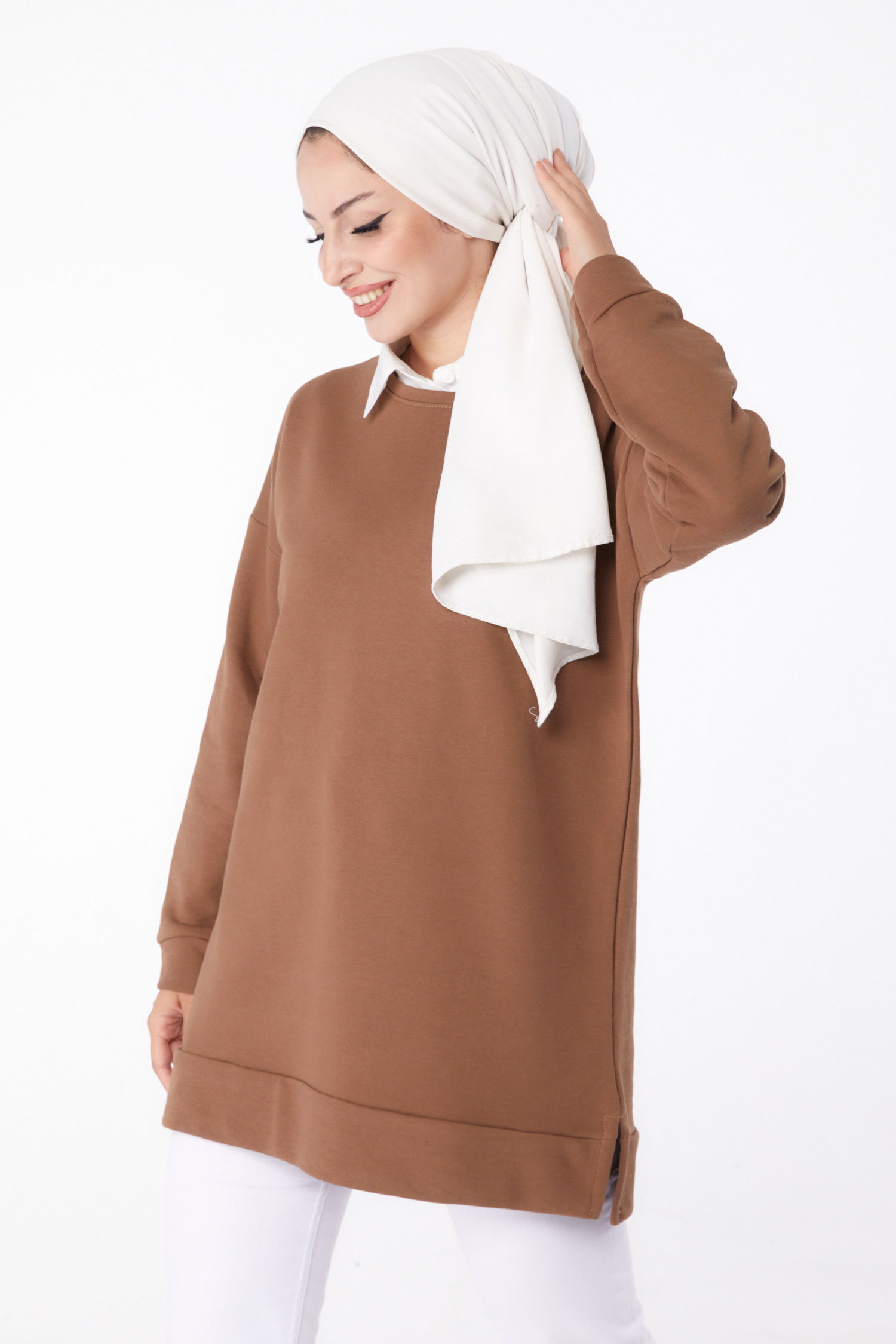 Düz Bisiklet Yaka Kadın Kahve Uzun Kollu Sweatshirt - 24653 - 3